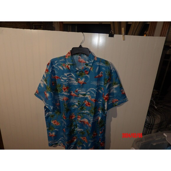 SSLR Mens‎ XL Blue Pink Flamingos and Palms Short Sleeve Button Hawaiian Shirt - Picture 1 of 4